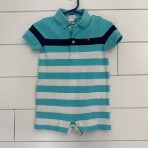 Ralph Lauren Boys 9 Months Blue White Stripe Romper Shortalls Spring Easter